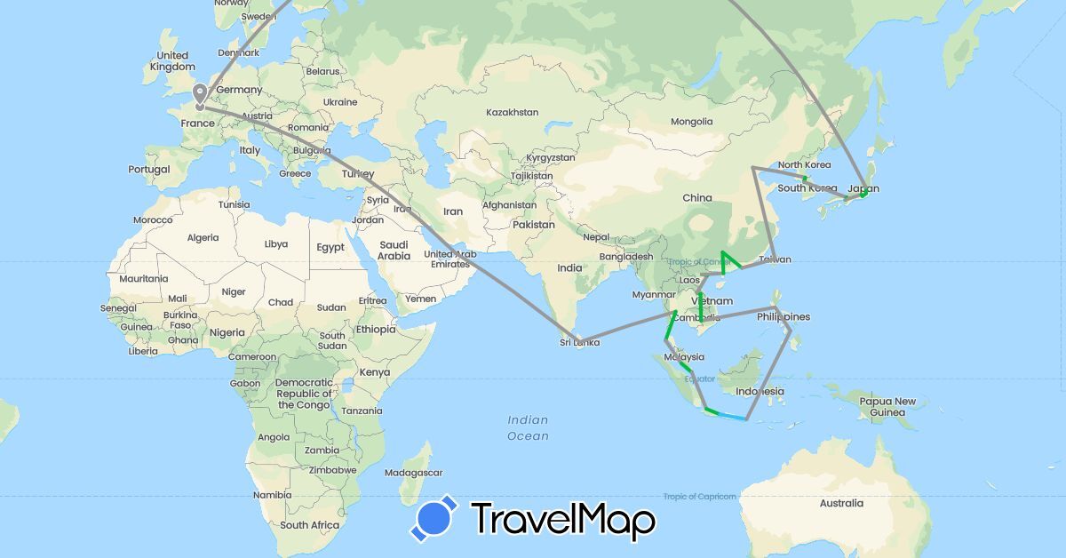TravelMap itinerary: driving, bus, plane, boat in United Arab Emirates, China, France, Indonesia, Japan, Cambodia, South Korea, Laos, Sri Lanka, Malaysia, Philippines, Singapore, Thailand, Taiwan, Vietnam (Asia, Europe)